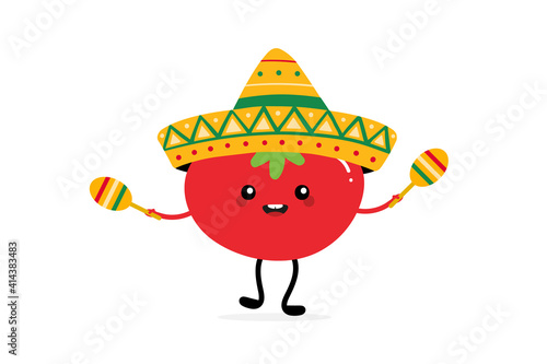 Cute happy cartoon style red tomato character wearing sombrero and holding maracas for Cinco de Mayo, mexican festivals design.
