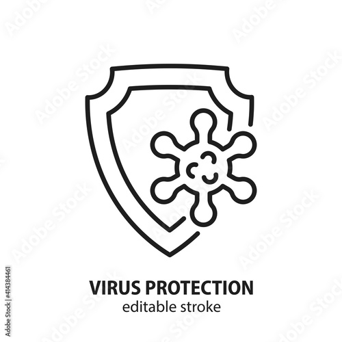 Virus protection line vector icon. Concept of vaccination, immune system protection from viruses, hygiene shield, bacterial prevention. Editable stroke.