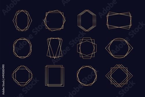 Set of golden art deco geometric frames. Vintage polyhedron line 1920s aesthetics for wedding invitations, cards. Vector illustration