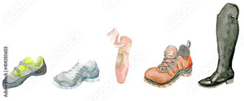 Watercolor illustration set of diferent, coloful sports shoes drawn by hand on a white background.