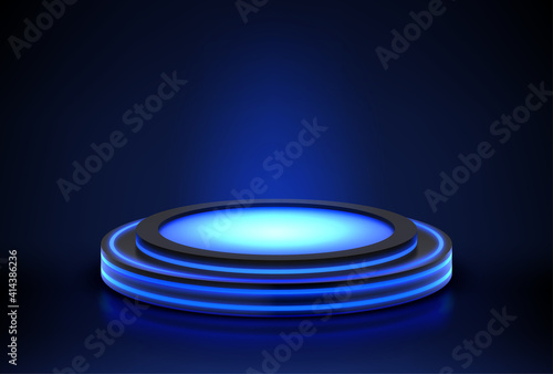Neon podium. Empty stage for product presentation or fashion show performance, pedestal in nightclub dance floor glowing in darkness illuminated blue round scene, Realistic 3d vector illustration