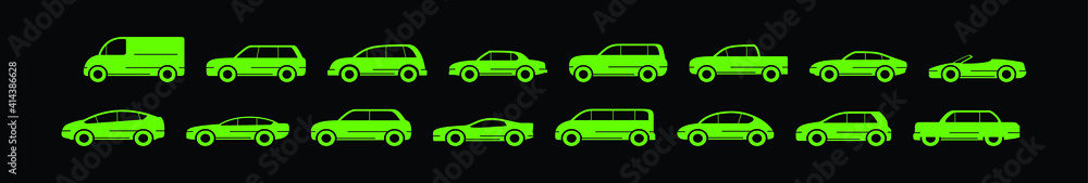 set of car cartoon icon design template with various models. vector illustration isolated on black background