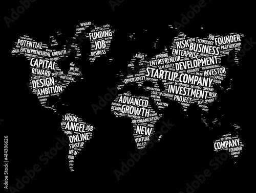 Startup company word cloud in shape of world map, business concept background photo