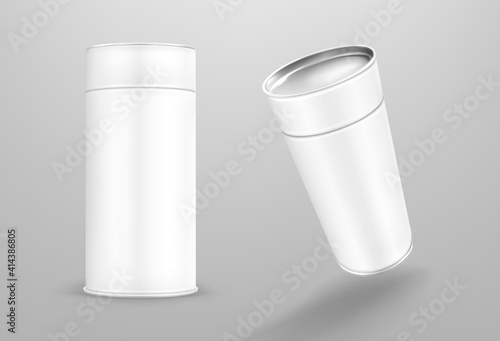 White paper tube, cardboard cylinder box isolated on gray background. Vector realistic mockup of carton round container, blank package tubus for food with closed cap in front and perspective view