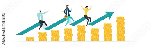 business illustration. Direction on a successful path. Overcoming obstacles to success. High level of work. Three business people sit astride an upward arrow. Upward trend. vector.