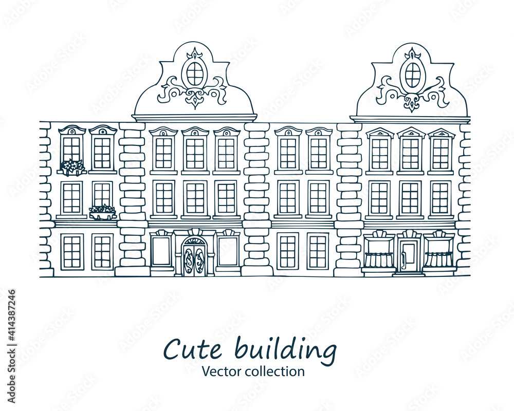 Cute hand drawn funny doodle sketch building. Vector illustration. Monochrome house. Picture for decoration and coloring. Children's wallpaper.  Pattern for a toy paper house.
