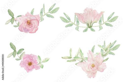 Fototapeta Naklejka Na Ścianę i Meble -  Watercolor illustration corners of pastel pink flowers and green leaves drawn by hand in a botanical way on a white background.