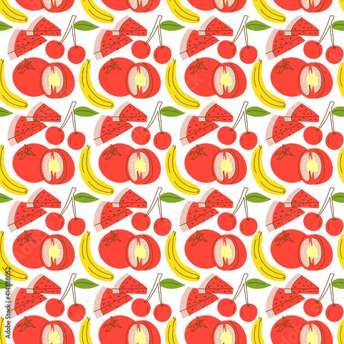 Fototapeta Naklejka Na Ścianę i Meble -  pattern seamless with fruit element watermelon, banana, cherry. Fruits seamless pattern. Vector flat Illustrations of watermelon, tomato, cherry for web, print and textile