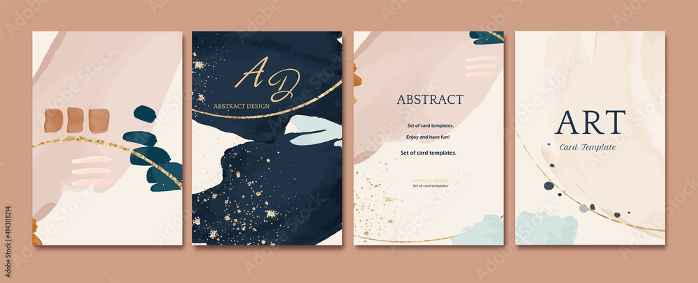 Set of card with abstract shape, splash gold. Wedding watercolor concept. Navy blue poster, invite. Vector decorative greeting card or invitation design background