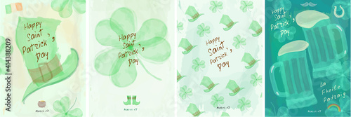 St. Patrick's Day. Vector watercolor posters. Set of vector illustrations. Hat, clover , beer mugs for st. Patrick's Day.