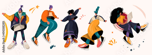 Set of illustrations with abstract people. Lifestyle, street fashion - young woman, man.
 Sport  abstract characters, design shape. 