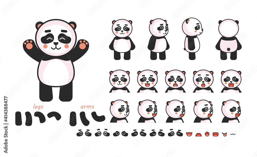 Cute panda bear creation kit. Create your own action, animation. Vector illustration