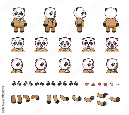 Cute panda bear in suit creation kit. Create your own action, animation. Vector illustration