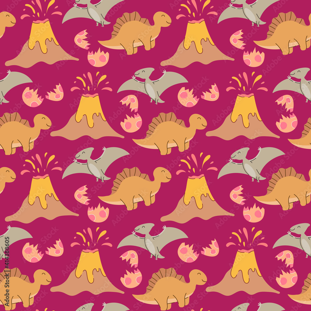 Obraz premium Seamless pattern with dinosaurs, palms and volcanoes Vector Illustration