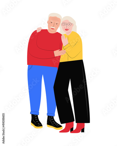 An elderly married couple on a white background. A white-haired man and a woman. Hugging grandparents. Vector flat illustration