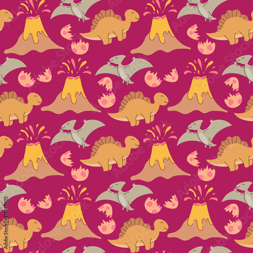 Seamless pattern with dinosaurs, palms and volcanoes Vector Illustration