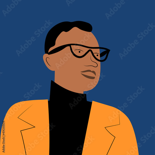 Portrait of a young dark-skinned man in glasses. Flat vector illustration