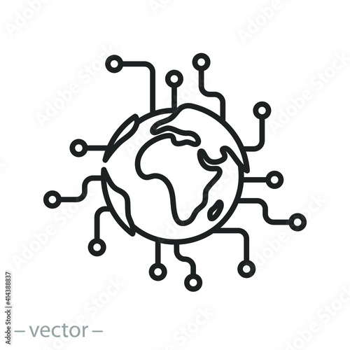 global cyber technology icon, circuit microchip concept for future world, processor tech with globe, digital network electronic, thin line web symbol - editable stroke vector illustration eps10