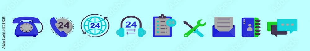 set of contact service cartoon icon design template with various models. vector illustration isolated on blue background set of contact service cartoon icon design template with various models. vector illustration isolated on blue background