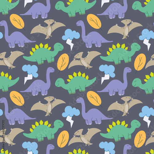 cute dinosaurs pattern design vector. Dinosaurs Cute kids pattern for girls and boys, Colorful Cartoon Animals on the abstract Creative seamless background, Artistic Backdrop for textile and fabric. © Saiful