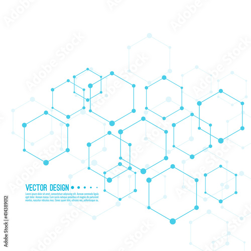 Medical abstract background with particle, hexagons, atom, molecule structure. genetic and chemical compounds. Medicine, science and technology vector illustration.
