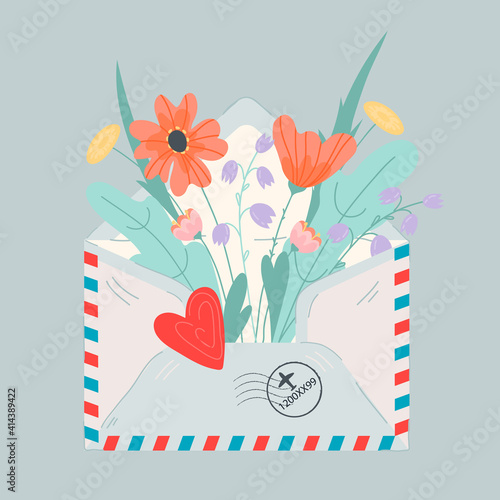 Romantic spring and summer image of mail letter envelope with flowers inside, flat vector illustration isolated on background. Retro airmail envelope, message and love letter concept.