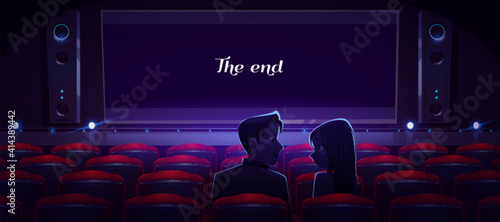 Loving couple in movie theater, man and woman look on each other sitting in empty cinema hall front of film end on white screen rear view. Love, romantic dating, relations, Cartoon vector illustration