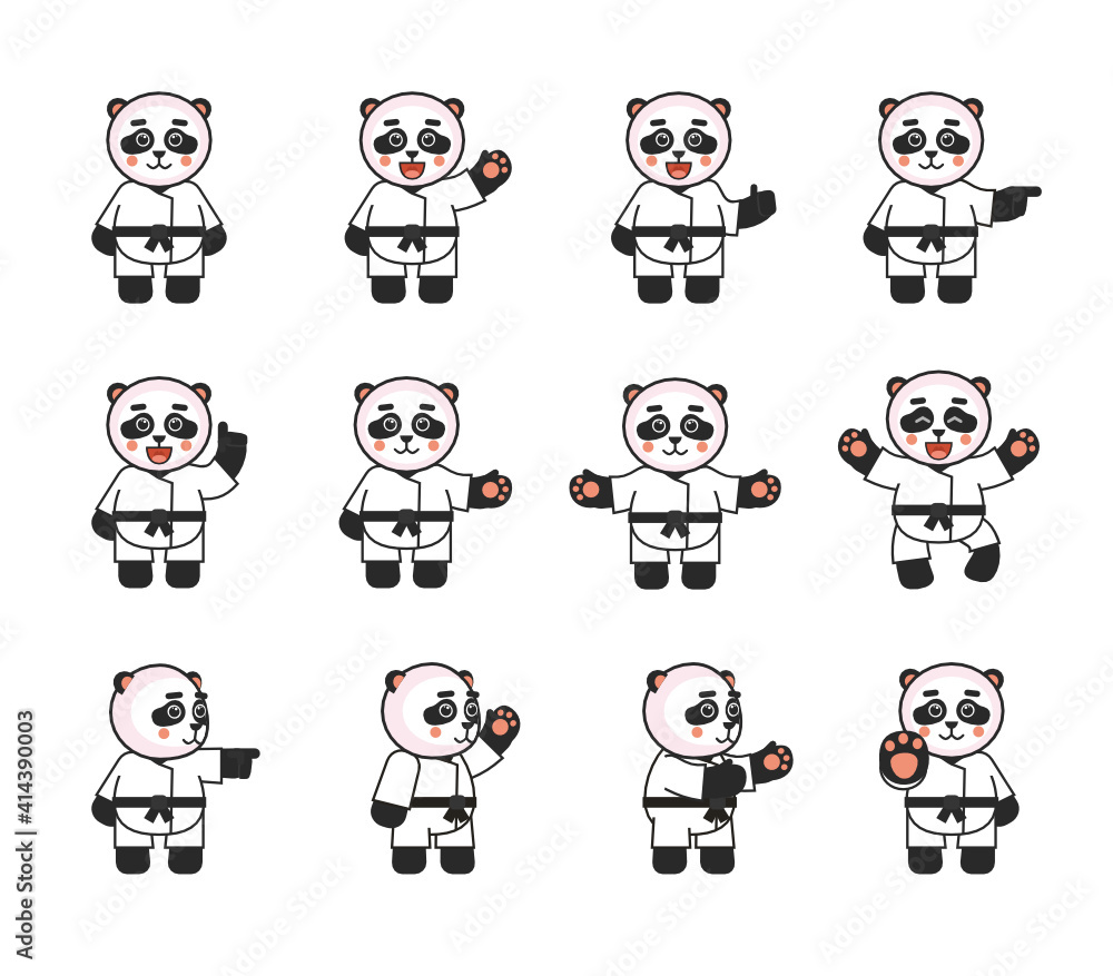 Karate panda mascots showing various hand gestures set. Karate panda greeting, pointing, showing thumb up, stop hand and other gestures. Vector illustration bundle