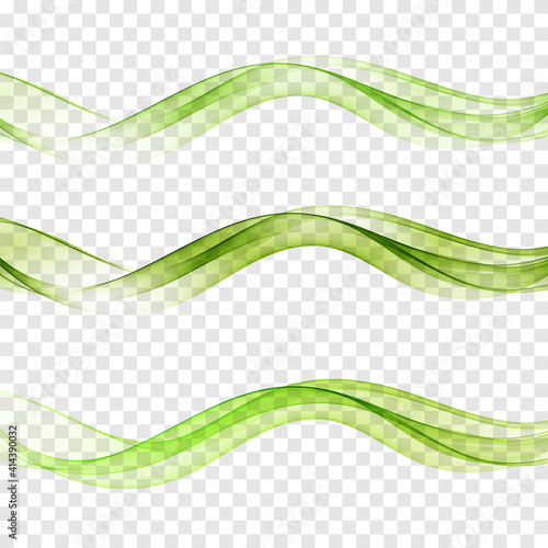 Set abstract color wave transparent green vector curve flow motion smoke design lines