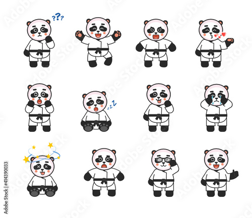 Fototapeta Naklejka Na Ścianę i Meble -  Set of karate panda mascots showing various emotions. Karate panda thinking, celebrating, angry, in love, surprised, sleeping and showing other expressions. Vector illustration bundle