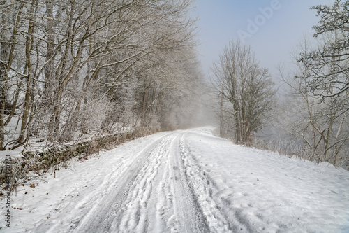 Snow covered country lane in the Scottish Borders, UK
