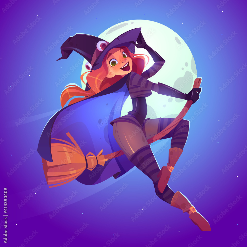 Beautiful witch, redhead woman in spooky hat flying on broom in night sky.  Vector cartoon illustration for Halloween with sexy female character in  magician costume, pretty girl on moon background Stock Vector |
