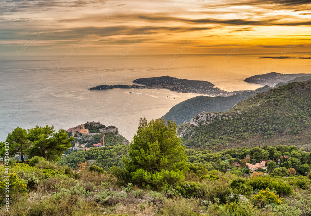 view of the coast of the sea from the Alps in Eze, France