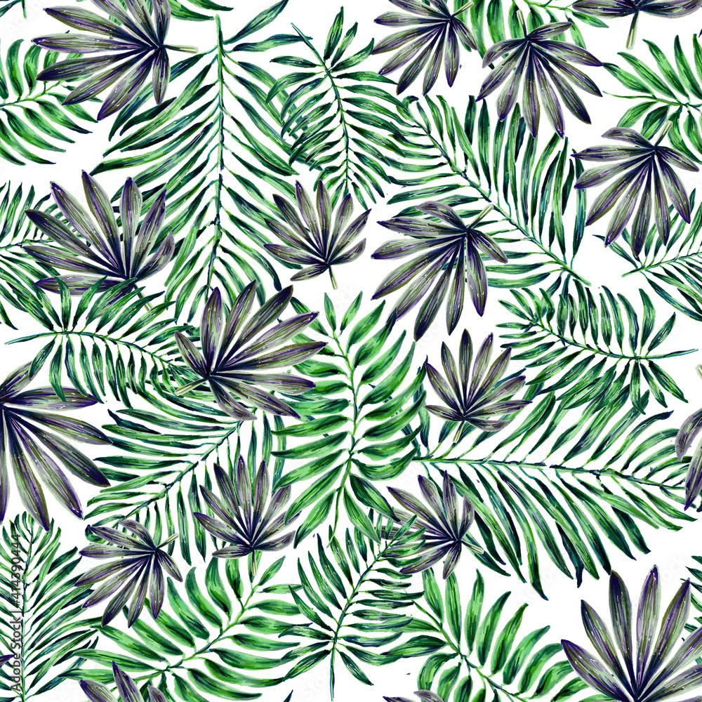 Seamless tropical leaf pattern. Watercolour botanical illustration. Beautiful elegant palm leaf pattern. For decoration  of fabric, paper and other design.