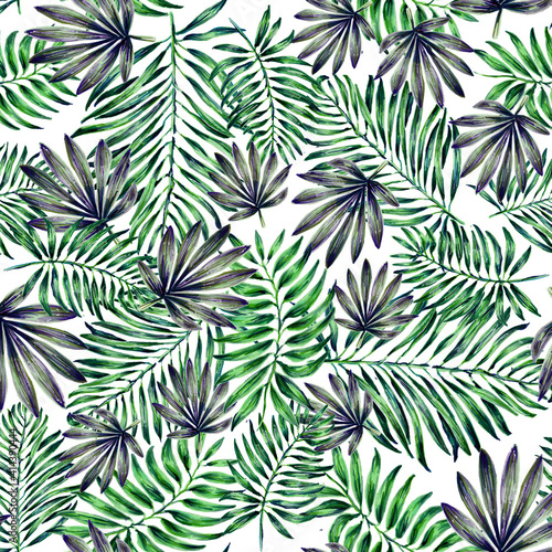 Seamless tropical leaf pattern. Watercolour botanical illustration. Beautiful elegant palm leaf pattern. For decoration  of fabric  paper and other design.