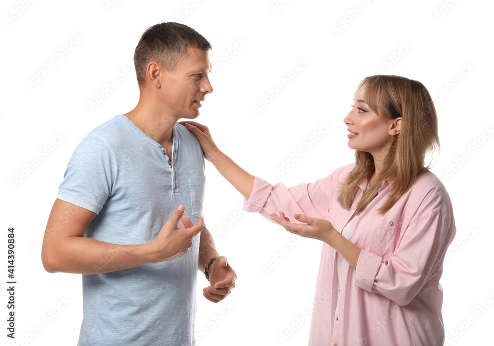 Man and woman talking on white background Man and woman talking on white background