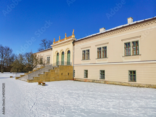 Empire Chateau with Museum of painter Josef Manes. Park and Castle Cechy pod Kosirem, Moravia, Czech during winter, covered with snow.