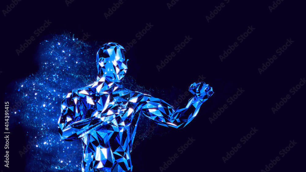 3D rendering of virtual boxer practicing punches close to camera. Blue energy and particles around him.
3D rendering of virtual boxer practicing punches close to camera. Blue energy and particles around him.