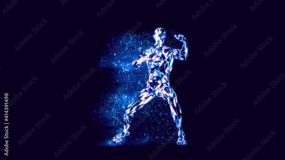 3D rendering of virtual boxer practicing punches close to camera. Blue energy and particles around him.
