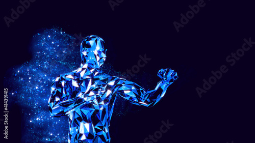 3D rendering of virtual boxer practicing punches close to camera. Blue energy and particles around him. 