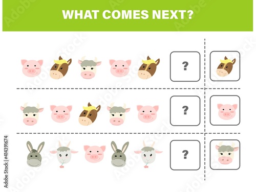 What comes next with cute farm animals. Cartoon vector illustration. Logical worksheet for kids.