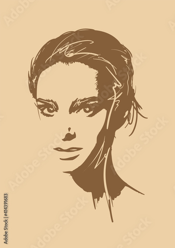 Hand drawn beautiful young woman face. Fashion.  Beautiful Woman Face. Power of smiling beautiful young woman. Girl poster. Sexy white model