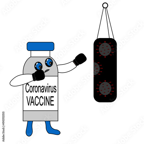Large bottle of coronavirus vaccine hits a punching bag. The COVID emblems are painted on it.