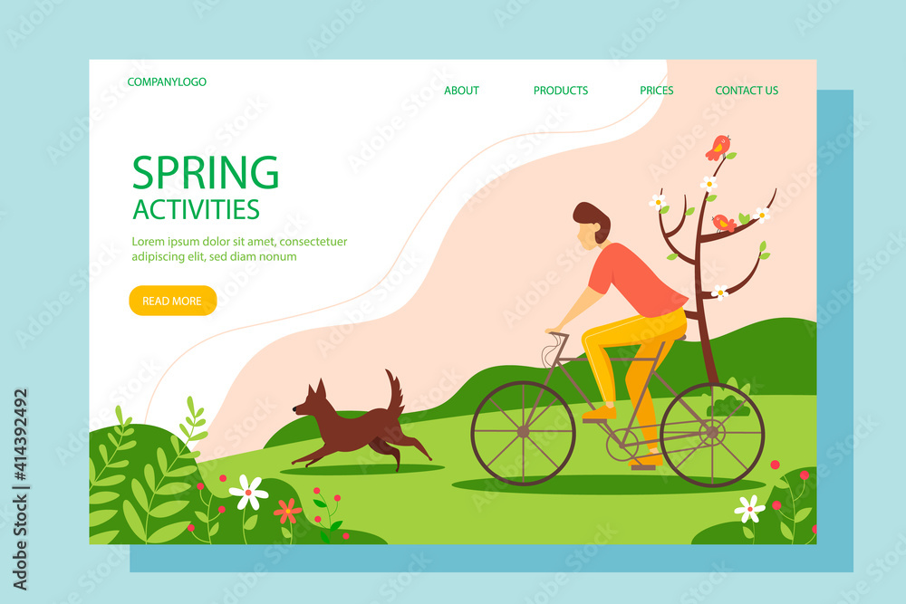 Naklejka premium Man riding a bike with a dog in the park. The concept of an active lifestyle, outdoor activities. Vector spring illustration in a flat style.