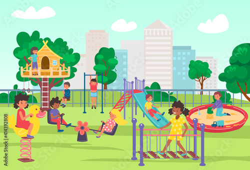 Fototapeta Naklejka Na Ścianę i Meble -  City playground in summer park, play time for children, joyful fun and games outdoors, design cartoon style vector illustration. Cheerful boys and girls ride swing, happy childhood, kindergarten.