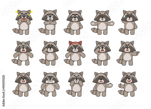 Set of raccoon mascots showing various emotions. Cute raccoon amazed, begging, sad, angry, in rage, suspicious, showing silly face and other emotions. Vector illustration bundle