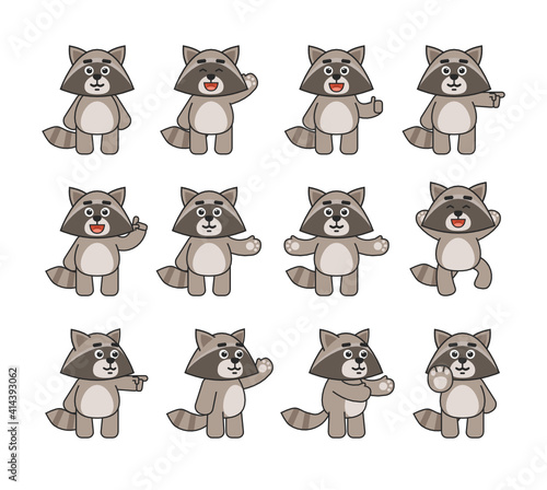 Set of raccoon mascots showing various hand gestures. Cute raccoon pointing, greeting, showing thumb up, stop sign and other gestures. Vector illustration bundle