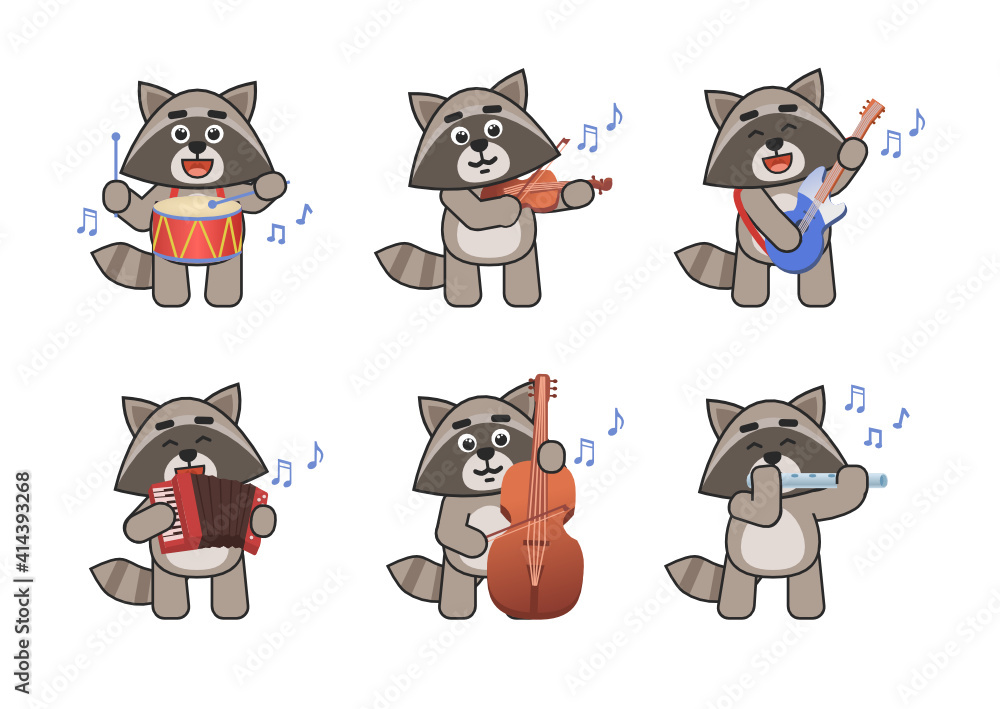 Set of raccoon mascots playing on various musical instruments. Cute