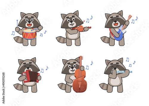 Set of raccoon mascots playing on various musical instruments. Cute raccoon playing on drum, violin, guitar, accordion, double bass, flute. Vector illustration bundle
