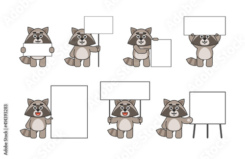 Set of cute raccoon characters posing with various blank banners. Advertise or promote concept. Vector illustration bundle